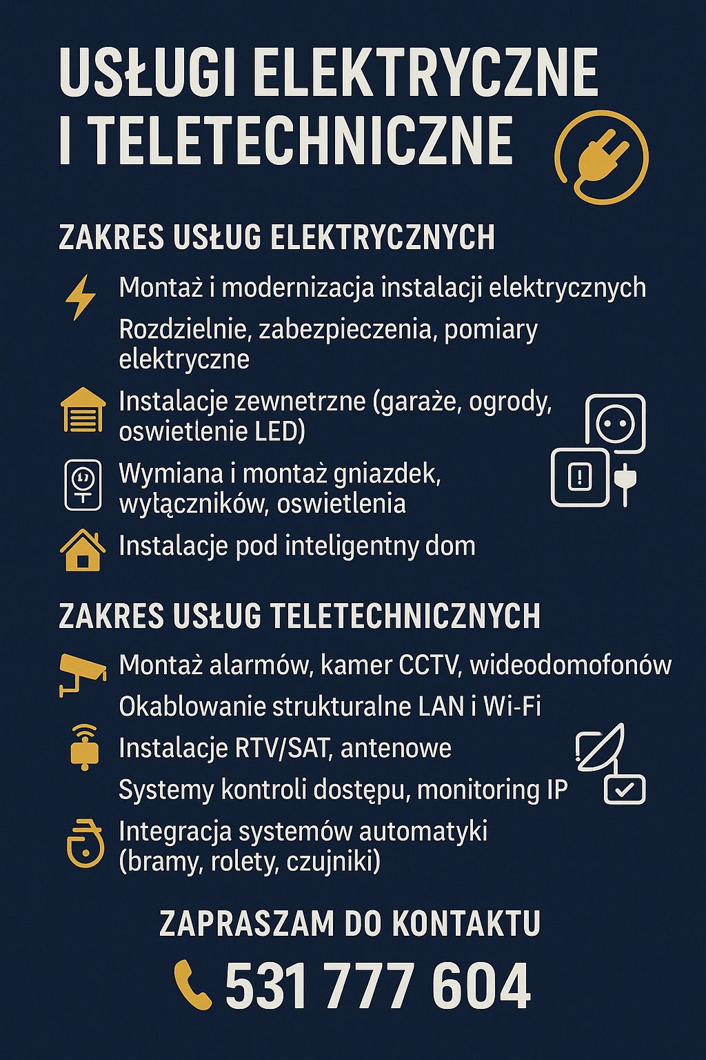 Grafika informująca o usługach elektrycznych i teletechnicznych: montaż instalacji, alarmów, kamer CCTV, okablowanie LAN i Wi-Fi, instalacje antenowe, automatyka bram.