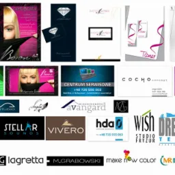 Kompilacja projektów graficznych: katalogi, ulotki, wizytówki, logotypy, plakaty, etykiety, kalendarze, prezentowane na białym tle.