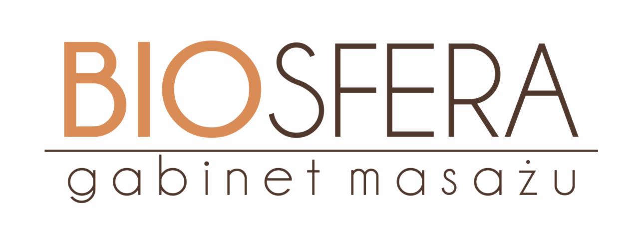 Minimalistyczne logo gabinetu masażu 'BIOSFERA' z napisem w kolorach brązu i beżu, umieszczone na białym tle.