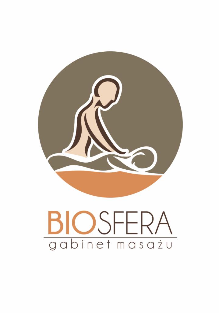 Graficzne logo gabinetu z sylwetką osoby wykonującej zabieg na leżącym pacjencie, umieszczone w okręgu na brązowym tle, z nazwą 'BIOSFERA gabinet masażu' poniżej.