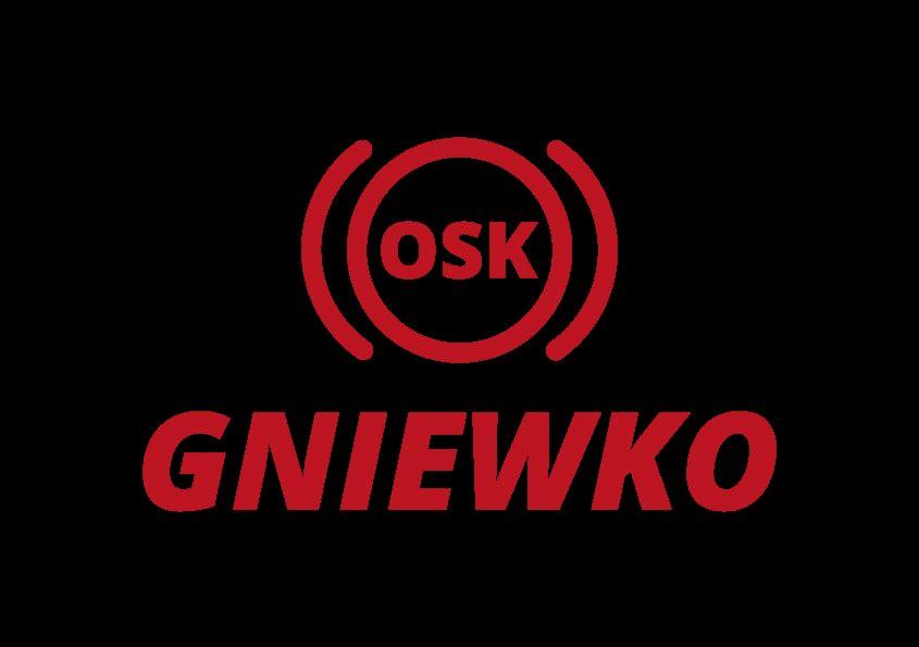 Czerwone logo OSK Gniewko na czarnym tle, symbolizujące szkołę nauki jazdy.