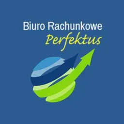 Logo biura rachunkowego Perfektus na niebieskim tle, z abstrakcyjnym symbolem kuli ziemskiej i zielonej strzałki skierowanej ku górze.