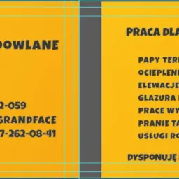 Żółto-czarna wizytówka firmy remontowo-budowlanej Roberta Żakowskiego, oferującej m.in. papy termozgrzewalne, ocieplenia, elewacje, glazurę, prace wykończeniowe i pranie tapicerki Karcher.