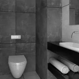 Wizualizacja nowoczesnej łazienki z szarymi płytkami, wiszącą toaletą i czarnym blatem z umywalką oraz ręcznikami, logo firmy VENA concept w lewym dolnym rogu.