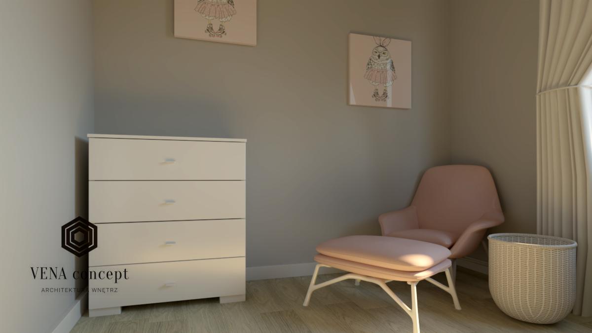 Wizualizacja pokoju dziecięcego: biała komoda z czterema szufladami, różowy fotel z podnóżkiem, pleciony kosz obok zasłony, dekoracje ścienne z motywem zwierzęcym, logo 'VENA concept'.