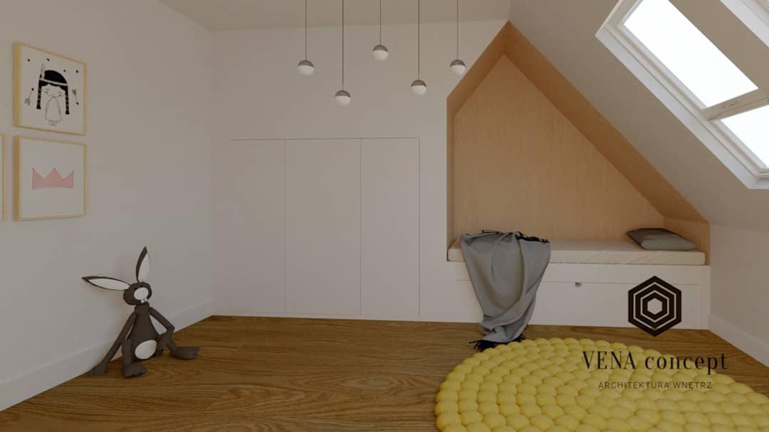 Wizualizacja pokoju dziecięcego na poddaszu z oknem dachowym, wbudowanym łóżkiem z szarą narzutą, pluszowym królikiem i okrągłym, żółtym dywanem.