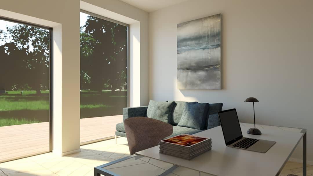 Jasne wnętrze z dużym oknem wychodzącym na ogród, sofa z poduszkami, stolik z laptopem i lampką, abstrakcyjny obraz na ścianie.