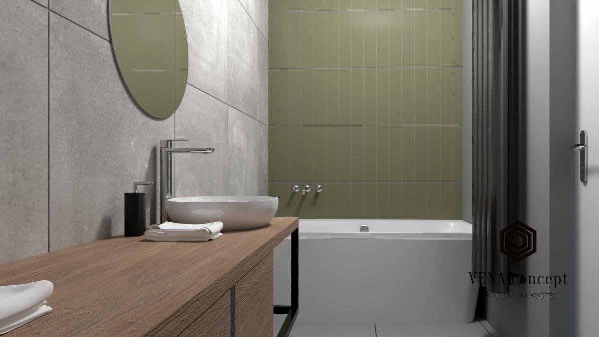 Wizualizacja łazienki z okrągłym lustrem, umywalką nablatową, drewnianym blatem i wanną w odcieniach szarości i oliwkowej zieleni.