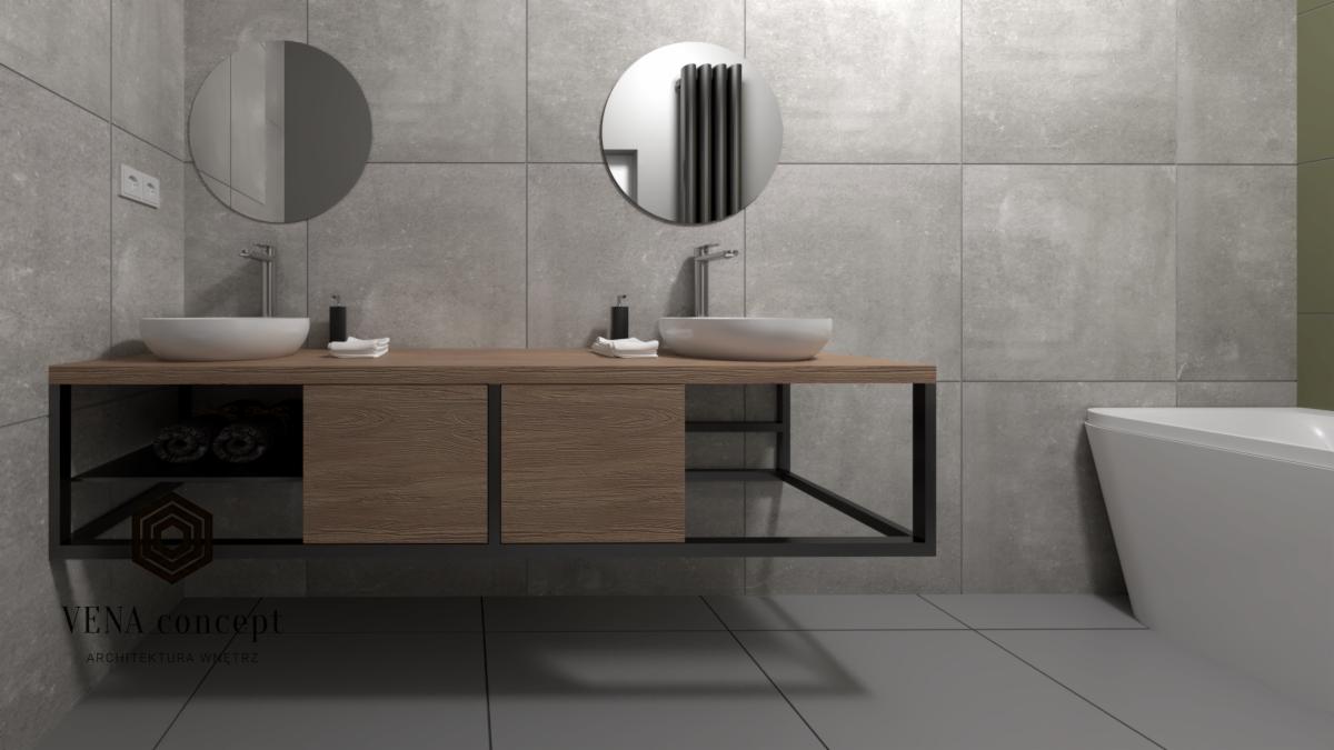 Wizualizacja łazienki z dwoma okrągłymi lustrami nad drewnianą szafką z umywalkami, szare płytki na ścianach i podłodze, minimalistyczna wanna po prawej.