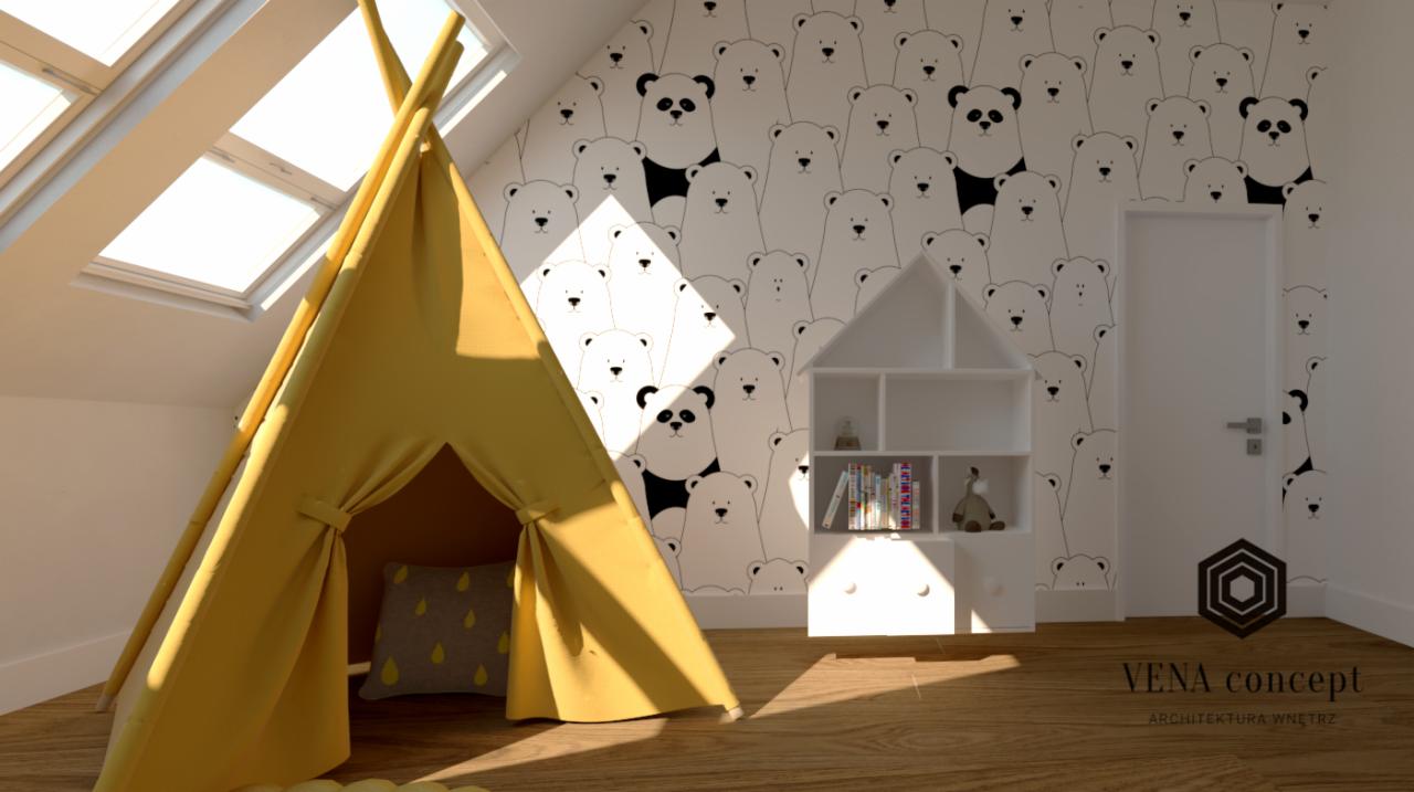 Pokój dziecięcy na poddaszu z żółtym tipi, regałem w kształcie domku i tapetą w misie oraz pandy.