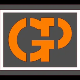 Pomarańczowe logo firmy na szarym tle, z białą ramką. Logo łączy litery 'G' i 'P' w unikalny sposób.