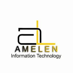Logo firmy AMELEN Information Technology z abstrakcyjnym symbolem graficznym w kolorach czarnym i żółtym na białym tle.