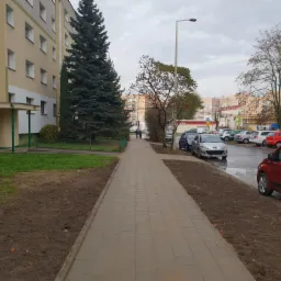 Prosta ścieżka z szarej kostki prowadząca wzdłuż budynku mieszkalnego i parkingu, z świeżo przygotowanym pasem ziemi po bokach, drzewa iglaste i liściaste w tle, pochmurny dzień.