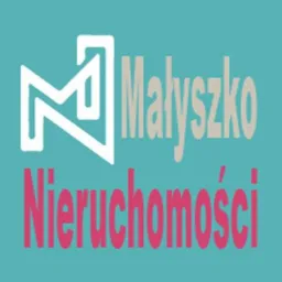 Logo firmy Małyszko Nieruchomości z abstrakcyjnym symbolem graficznym 'M' w kolorze białym, nazwa firmy w kolorze beżowym i słowo 'Nieruchomości' w kolorze różowym na turkusowym tle.