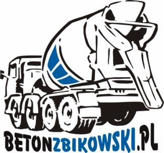 Grafika wektorowa przedstawiająca betonomieszarkę w kolorach czarnym, białym i niebieskim, z adresem strony internetowej BETONZBIKOWSKI.PL u dołu.