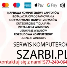 Grafika reklamowa serwisu komputerowego z czerwonym symbolem łapy, oferującego naprawę komputerów, odzyskiwanie danych i instalację oprogramowania, akceptującego płatności kartami Visa, Mastercard,...