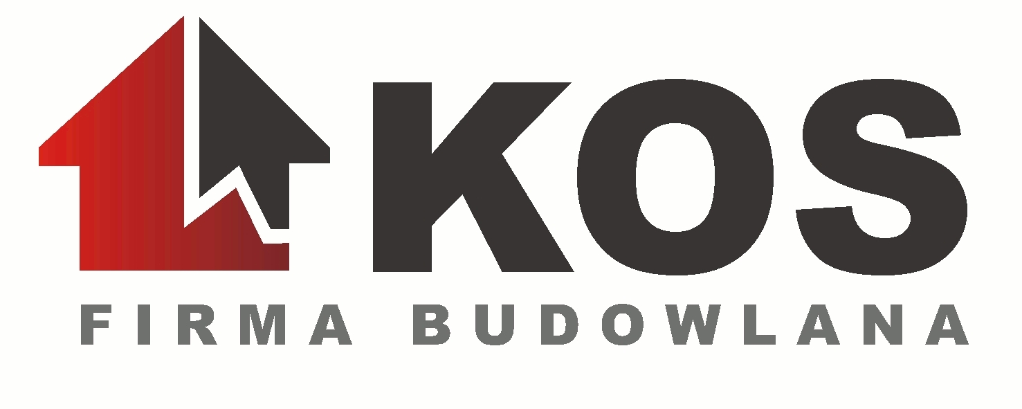 Logo firmy budowlanej KOS z Osieka, z elementem graficznym w kształcie domu w kolorze czerwono-szarym oraz napisem FIRMA BUDOWLANA.