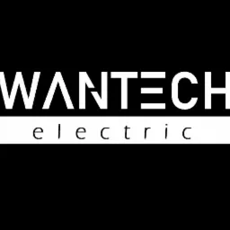 Eleganckie logo WANTECH electric na czarnym tle. Biały napis z charakterystycznym symbolem w literze A i trzema kreskami w E. Minimalistyczny, nowoczesny design.