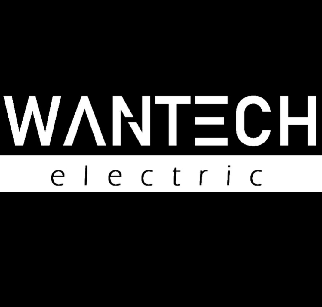 Eleganckie logo WANTECH electric na czarnym tle. Biały napis z charakterystycznym symbolem w literze A i trzema kreskami w E. Minimalistyczny, nowoczesny design.