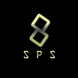 Logo firmy SPS z geometrycznym symbolem w kształcie odwróconej ósemki, w odcieniach złota, na czarnym tle.