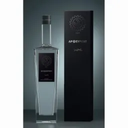 Elegancka, prostokątna butelka z przezroczystą zawartością i czarną etykietą z logo AP Expert, obok czarne pudełko z identycznym logo, na szaro-czarnym tle.