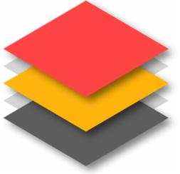 Abstrakcyjna grafika przedstawiająca ułożone warstwowo kwadraty w kolorach: czerwonym, żółtym i szarym, z efektem cienia dającym wrażenie głębi.