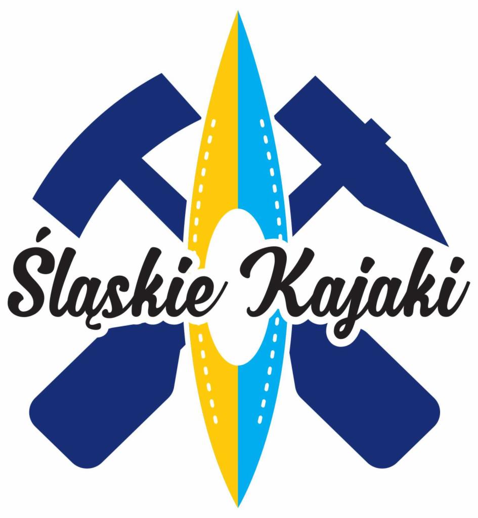 Logo firmy 'Śląskie Kajaki' z motywem skrzyżowanych kilofów i kajaka w barwach niebiesko-żółtych.