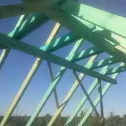 Konstrukcja drewniana dachu z impregnowanych belek w kolorze zielonym, widok od dołu na tle błękitnego nieba i drzew