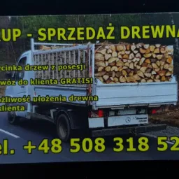 Wizytówka firmy oferującej skup i sprzedaż drewna kominkowego, z tekstem o wycince drzew z posesji, darmowym dowozie i możliwości ułożenia drewna u klienta, obok zdjęcie samochodu dostawczego...