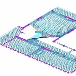 Wizualizacja 3D projektu konstrukcji stalowej budynku usługowego z zaznaczonym ugięciem stropu o wartości 11.01mm, widok z góry.
