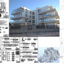 Wizualizacja budynku wielorodzinnego z balkonami na tle planów architektonicznych i rysunków technicznych detali konstrukcyjnych.