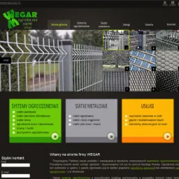 Strona internetowa firmy WEGAR prezentująca ofertę systemów ogrodzeniowych i siatek metalowych; widoczne menu nawigacyjne, sekcje 'Systemy ogrodzeniowe', 'Siatki metalowe' i 'Usługi' z listą...