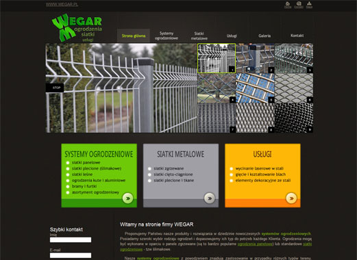 Strona internetowa firmy WEGAR prezentująca ofertę systemów ogrodzeniowych i siatek metalowych; widoczne menu nawigacyjne, sekcje 'Systemy ogrodzeniowe', 'Siatki metalowe' i 'Usługi' z listą...