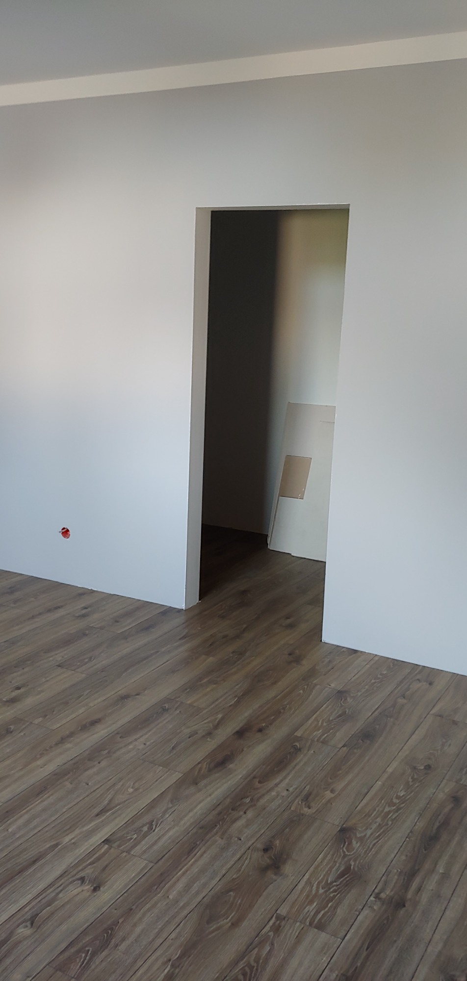 Wnętrze pokoju po remoncie, z nową podłogą z paneli imitujących drewno i świeżo pomalowanymi na biało ścianami z widocznym otworem drzwiowym prowadzącym do kolejnego pomieszczenia, w którym oparta...