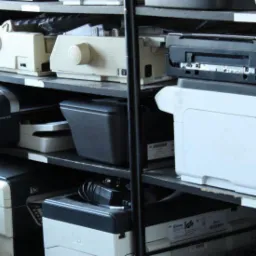 Regał magazynowy wypełniony różnorodnym sprzętem biurowym, w tym drukarkami atramentowymi, laserowymi i projektorami, w pomieszczeniu o słabym oświetleniu.