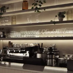 Profesjonalny ekspres do kawy na tle podświetlonych półek z szklankami, kieliszkami i dekoracyjnymi roślinami w kawiarni.