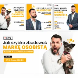 Grafika reklamowa warsztatów online o budowaniu marki osobistej: mężczyzna z otwartymi ustami trzyma na rękach psa z pytajnikami nad głową, obok data i godzina wydarzenia.