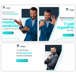 Seria banerów reklamowych z uśmiechniętym mężczyzną w garniturze, promujących budowanie marki osobistej, z logo firmy '7 pół kroku' i hasłem 'Dołącz do projektu'.