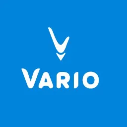 Białe logo 'VARIO' z symbolem strzałki skierowanej w dół, umieszczone na jednolitym, jasnoniebieskim tle.