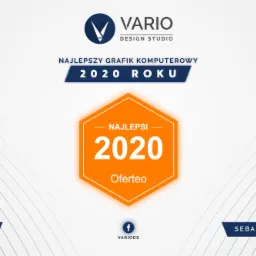 Nagroda Oferteo dla najlepszego grafika komputerowego 2020 roku, logo Vario Design Studio w górnej części, pomarańczowy heksagon z napisem 'Najlepsi 2020 Oferteo', hashtag #VarioT i imię Sebastian...