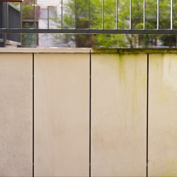 CLEAN CITY SPÓŁKA CYWILNA - Fragment kamiennej elewacji z widocznymi śladami zabrudzeń i porostów, kontrastujący z czystymi panelami po lewej stronie. Metalowe ogrodzenie w tle.