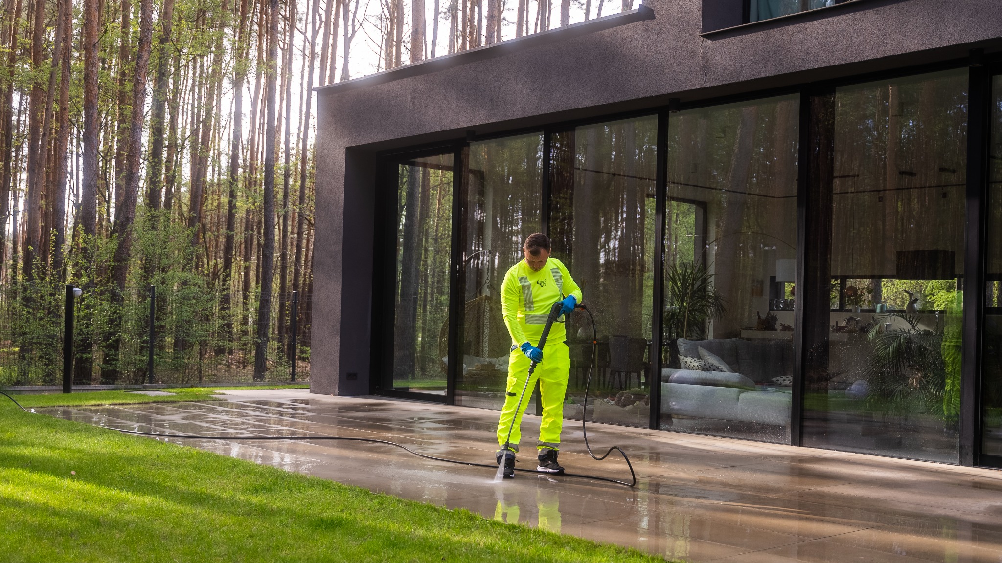 Pracownik w jaskrawym kombinezonie czyści ciśnieniowo taras nowoczesnego domu z dużymi oknami, otoczonego zielenią. Widoczne świeże ślady po myciu.