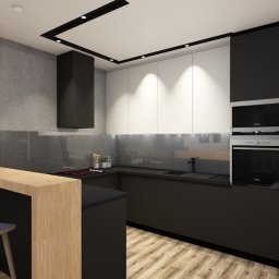 AWCONCEPT Aleksandra Więckowska - Nowoczesna kuchnia w odcieniach szarości i bieli z drewnianym blatem wyspowym i hokerami, minimalistyczna zabudowa z piekarnikiem i mikrofalówką Siemens.