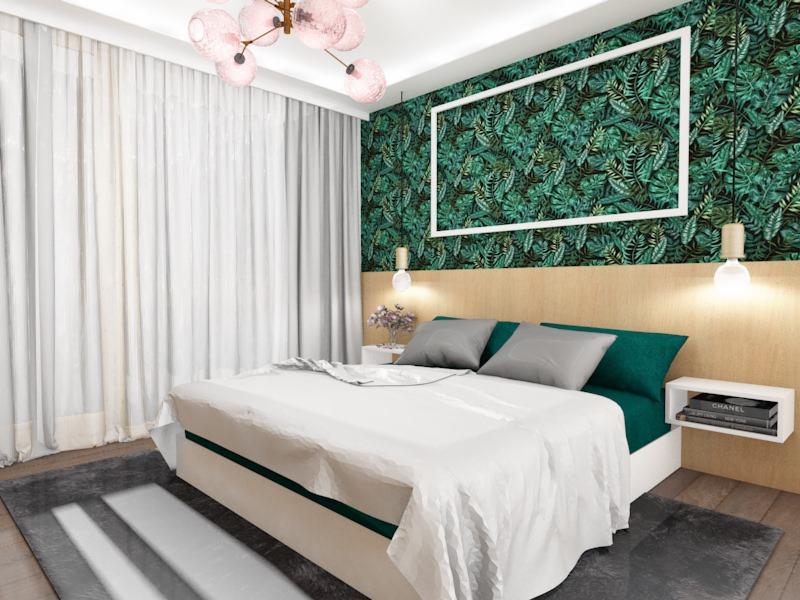 Nowoczesna sypialnia z łóżkiem z białą pościelą i zielonym akcentem, ściana w tropikalne liście w białej ramie, różowy żyrandol i zwiewne białe zasłony.