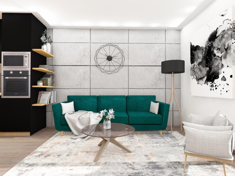Wizualizacja salonu z turkusową sofą, okrągłym stolikiem kawowym i abstrakcyjnym obrazem na ścianie, uzupełniona o czarną kuchnię z piekarnikiem i mikrofalówką oraz geometryczny zegar.