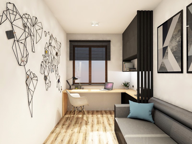 Nowoczesny pokój biurowy z drewnianym biurkiem, minimalistyczną mapą świata na ścianie i szarą sofą z błękitną poduszką.