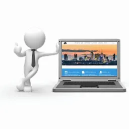 Kreskówkowa postać oparta o laptopa z widokiem panoramy miasta na ekranie, kciuk w górę.