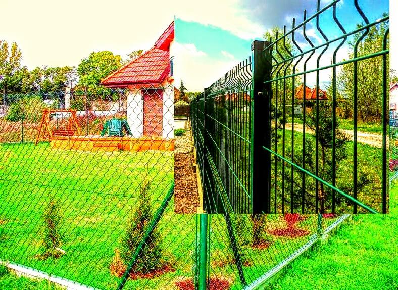 Nowoczesne ogrodzenie panelowe w kolorze ciemnej zieleni, oddzielające zadbany trawnik z młodymi drzewkami iglastymi od sąsiedniej posesji z domkiem i placem zabaw.