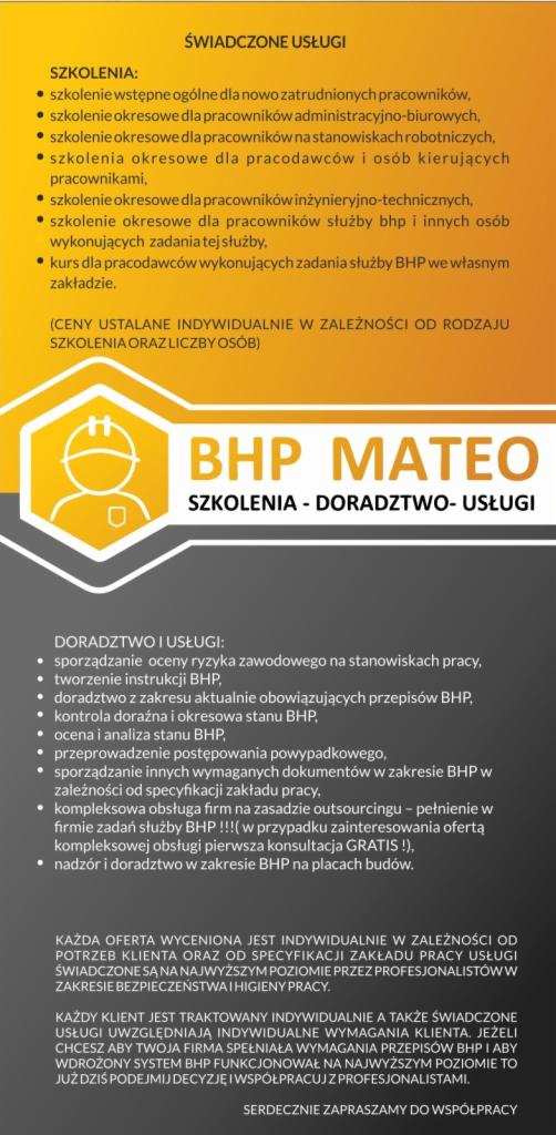Żółto-szara ulotka informacyjna firmy BHP Mateo oferującej szkolenia, doradztwo i usługi w zakresie bezpieczeństwa i higieny pracy, wymieniająca zakres świadczonych usług i szkoleń.