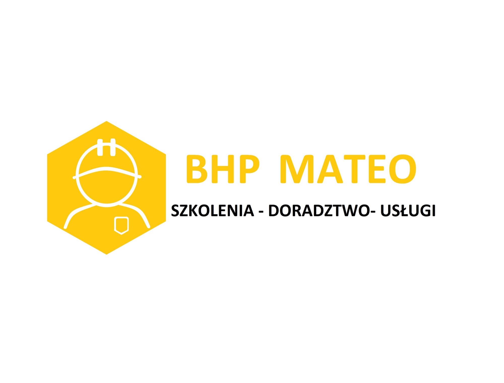 Żółte logo firmy BHP Mateo z ikoną osoby w kasku wewnątrz sześciokąta, oferującej szkolenia, doradztwo i usługi.